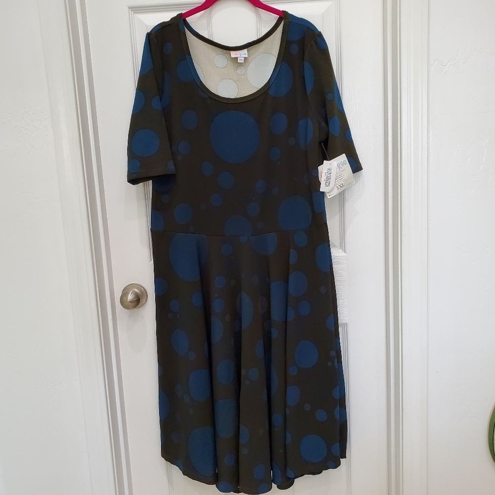 LuLaRoe Nicole Women's Fit & Flare Dress Green Blue Circle Design Size 3XL  NWT